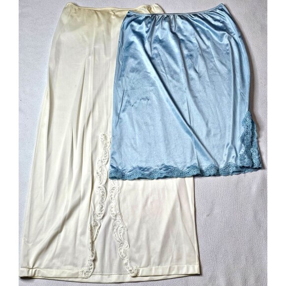 Vintage Lot of 2 Ivory & Blue Lace Trim Slips Set - Picture 1 of 16
